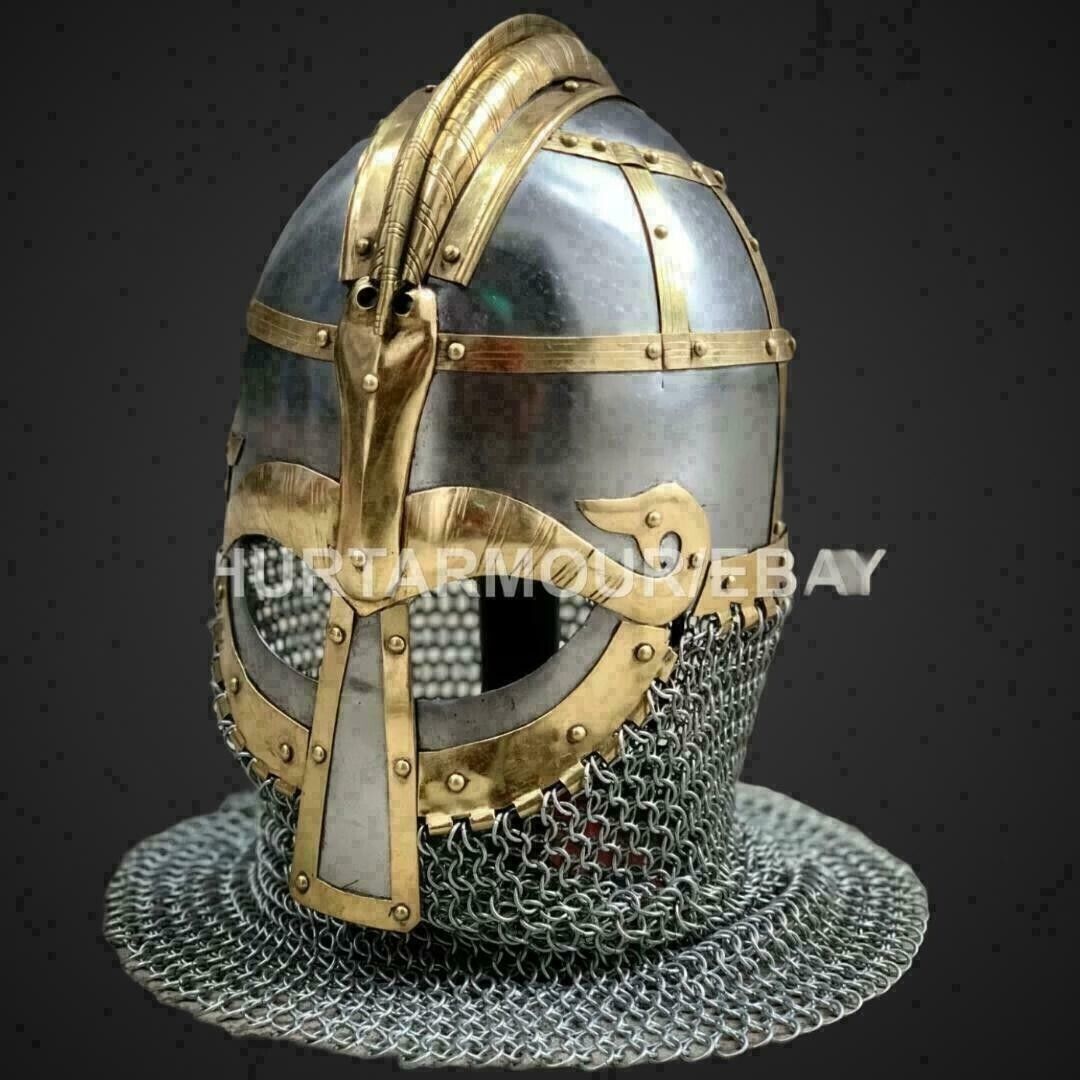 Vintage Steel Brass Helmet Medieval Knight Vendel Viking Helmet with Chainmail