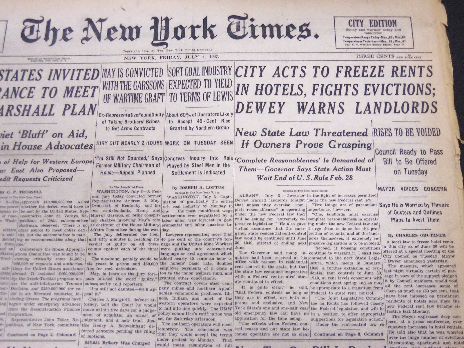 1947 JULY 4 NEW YORK TIMES - CITY ACTS TO FREEZE RENTS IN HOTELS - NT 5169