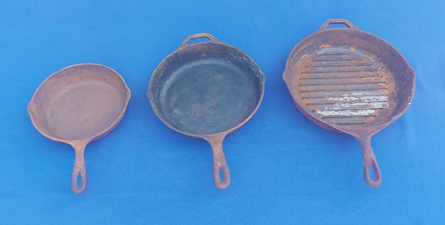 3 pc Lodge Cast Iron Skillets For Reconditioning/Restore 5SK, 8SK, 9TB Camping
