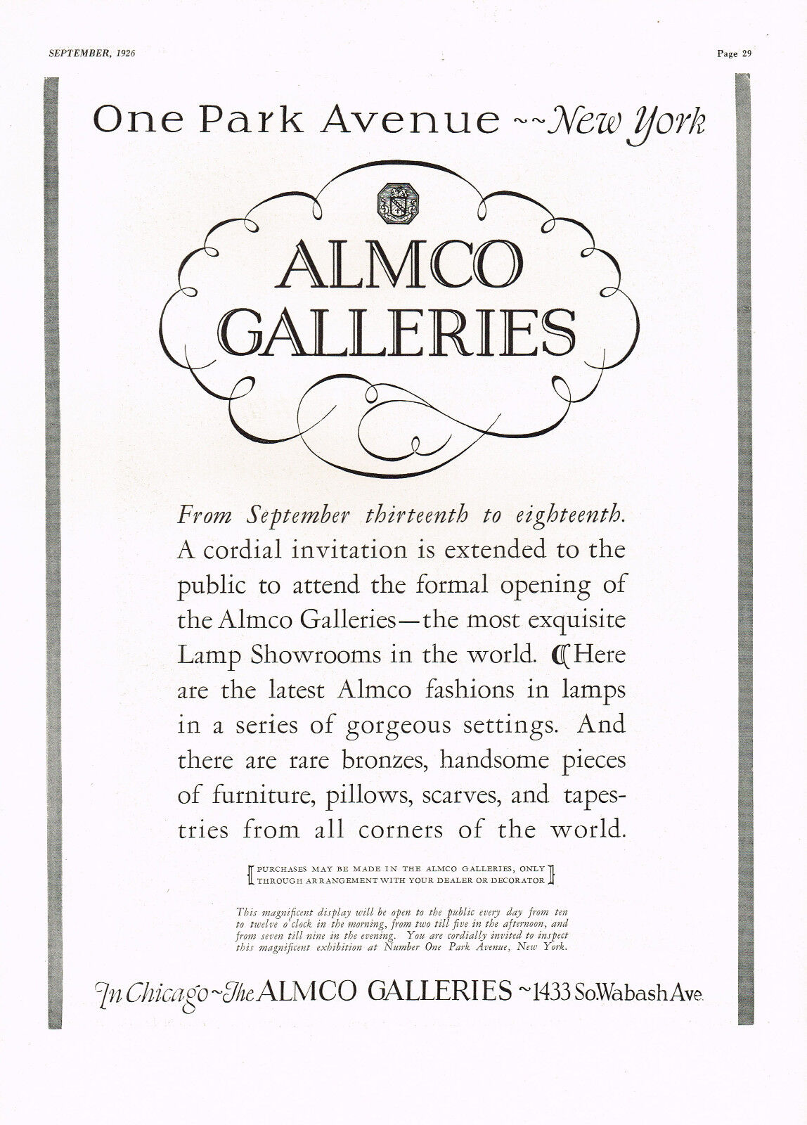 1920s BIG Original Vintage Almco Galleries Lamp Showroom Park Avenue NY Print Ad