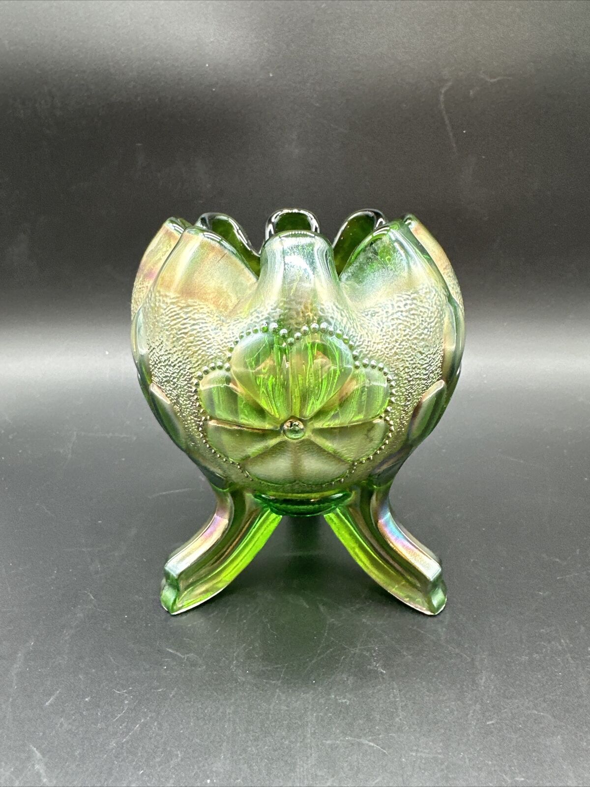 Vintage Northwood Daisy & Plume Footed Green Carnival Iridescent Rose Bowl Vase