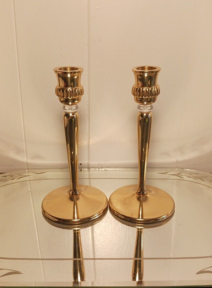 Partylite Brass Taper Candlestick Candleholder Pair 7.25” Tall Gold Tone 