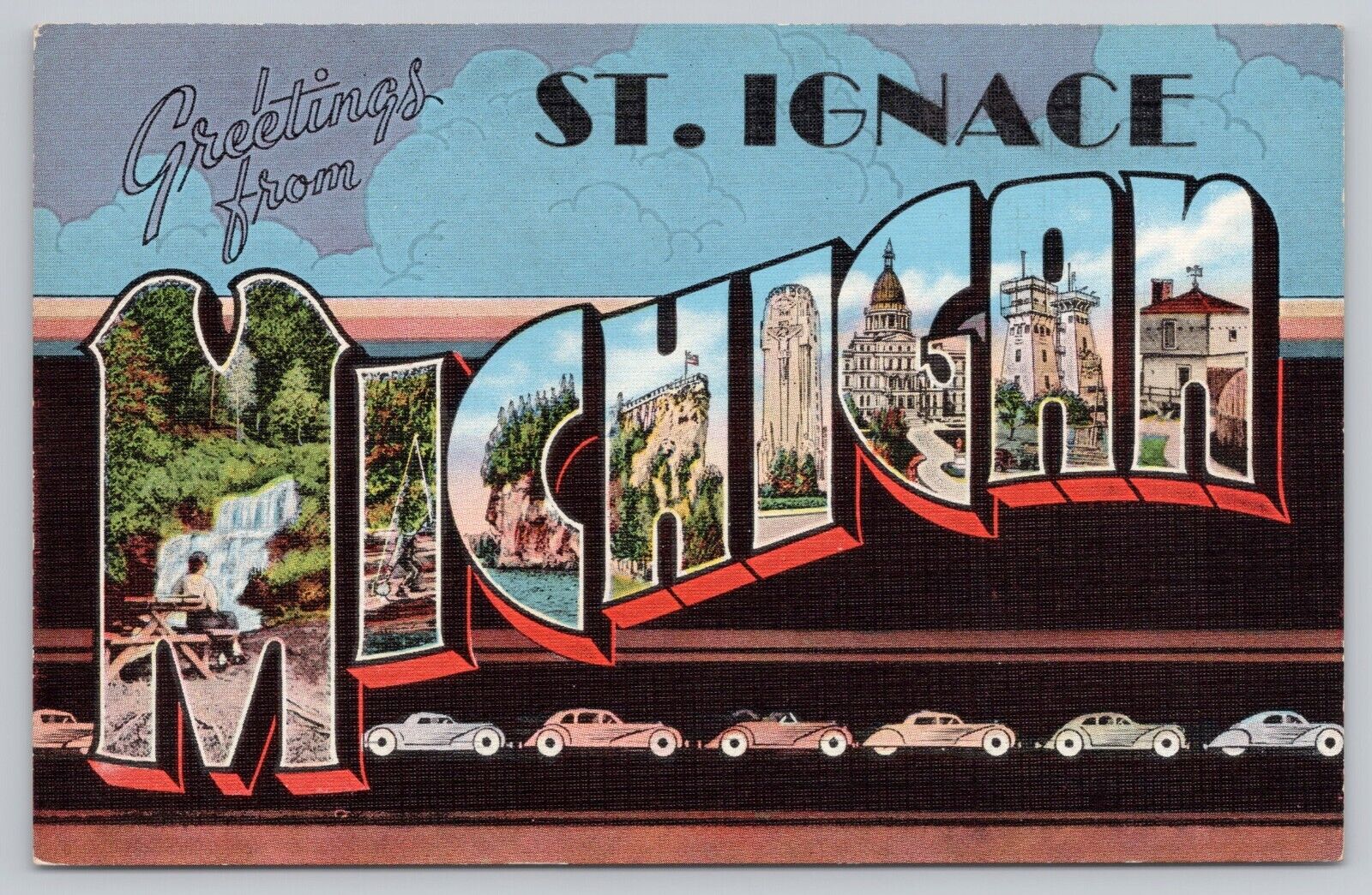 St Ignace Michigan, Large Letter Greetings, Old Cars RARE, Vintage Postcard