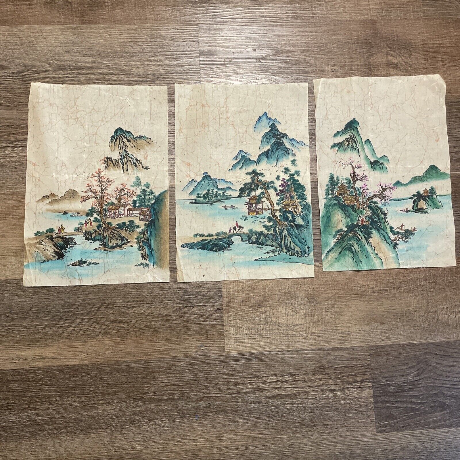 VINTAGE JAPANESE ZEN ART  COLORED PRINTS ON CANVAS CLOTH W/ SEAL STAMPS Lot of 3