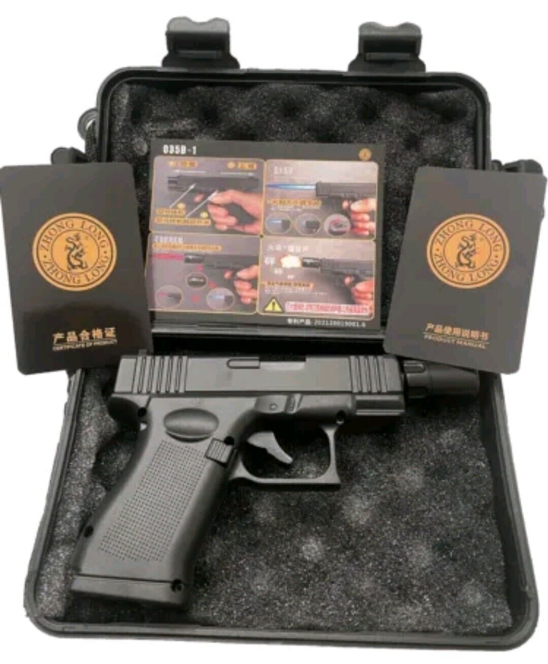 Pistol Shaped Gun Lighter METAL Fine Quality W/ Case & Barrel Attachment Black