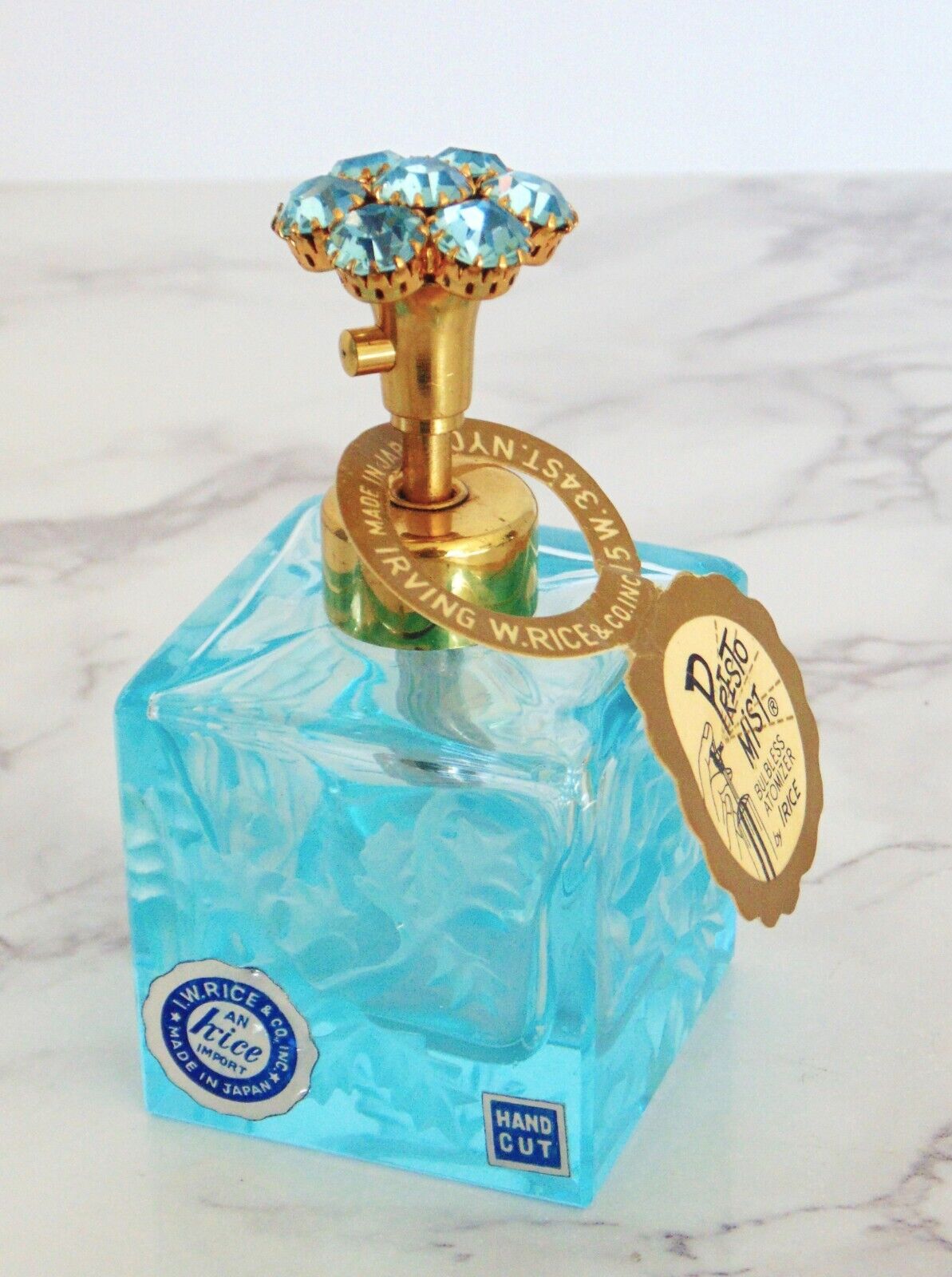 Irice Turquoise  Presto Mist Glass Perfume Bottle I W Rice & Co Jeweled Top NOS