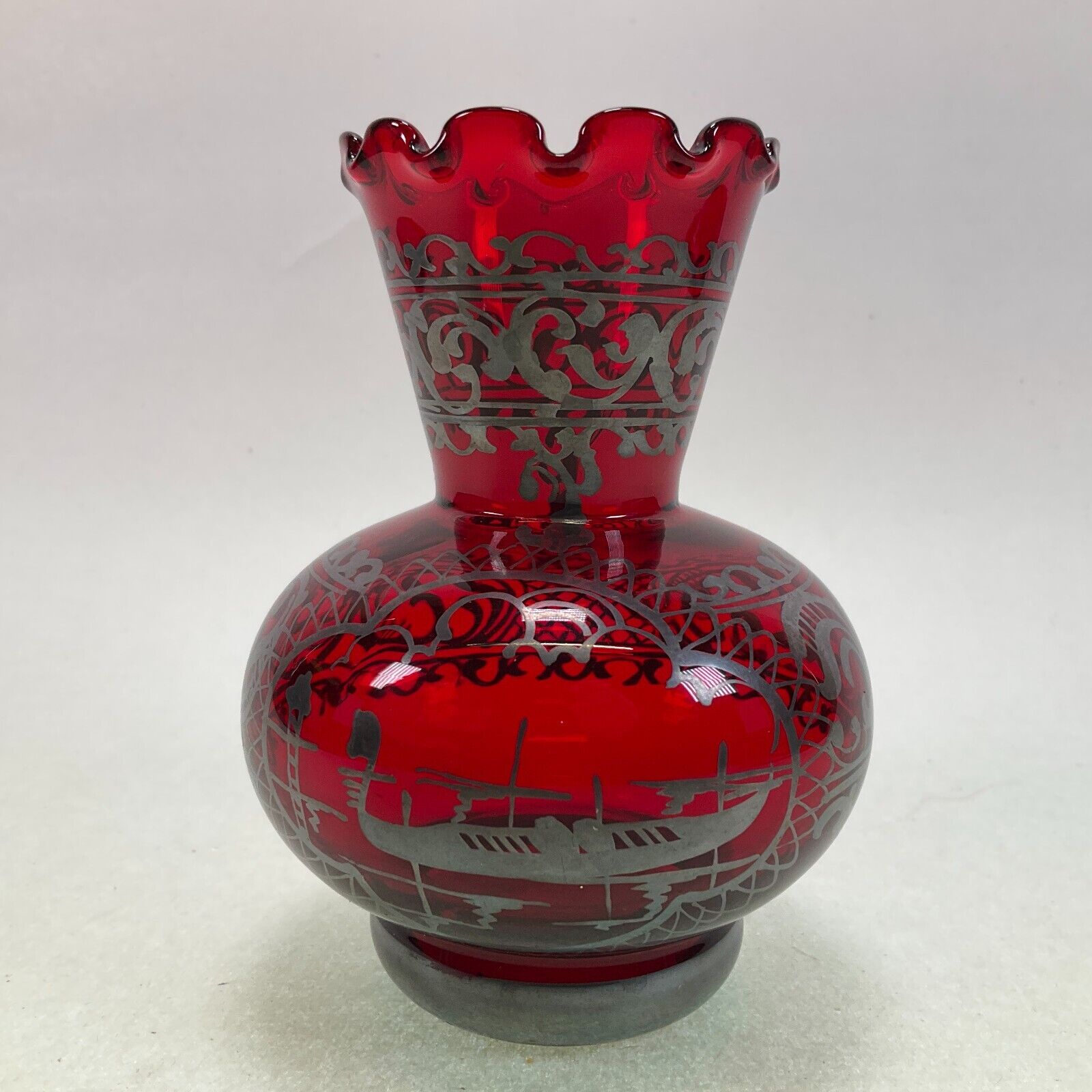 Vintage Ruby Red Silver Overlay Glass Vase Scenic Ruffled Rim