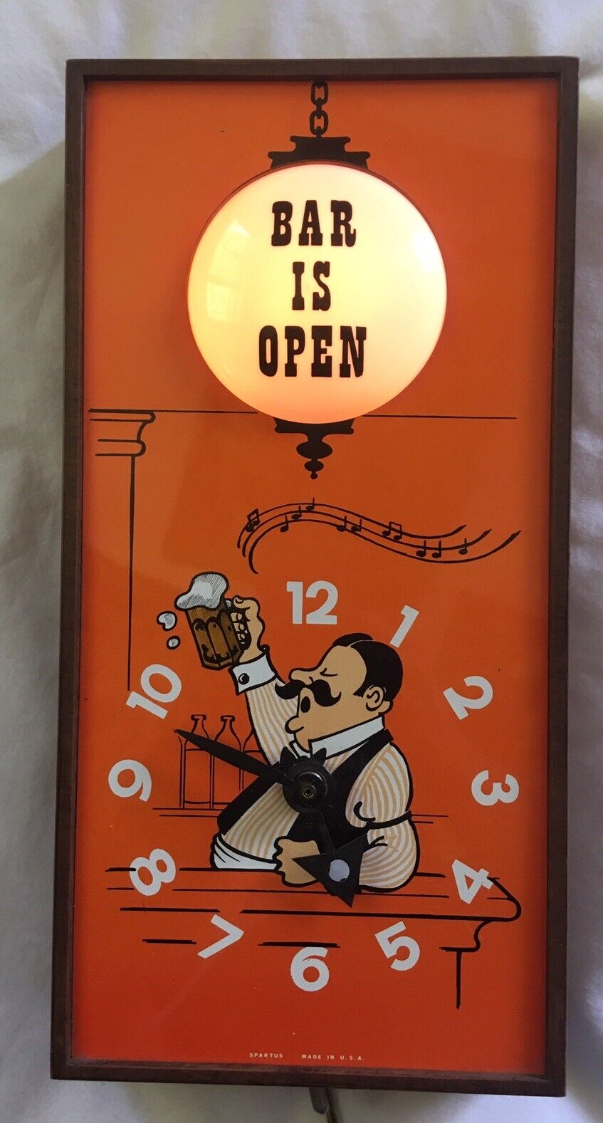 Vintage Bar Is Open Bartender Light Up Clock Spartus USA 13.5