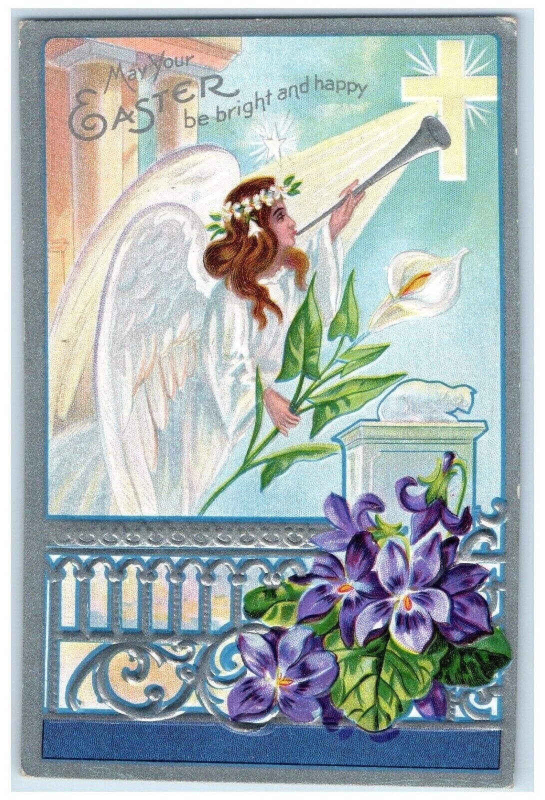 c1910's Easter Floating Angel Float Flowers Embossed Posted Antique Postcard
