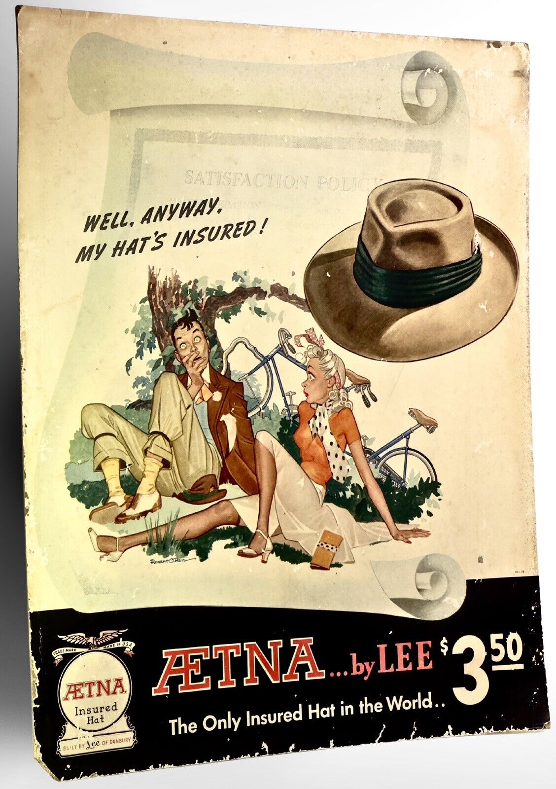 Vintage Aetna By Lee - “Insured Hat”  Eisleback Advertising Sign Robert O. Reid