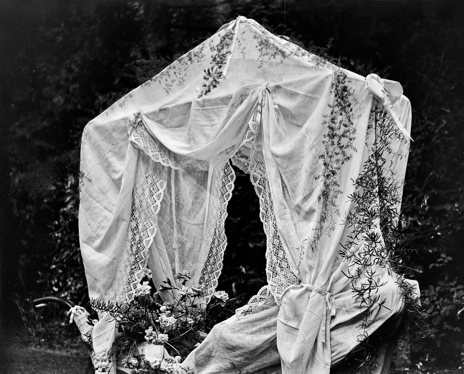 ANTIQUE GLASS PHOTO NEGATIVE - VICTORIAN LACE BABY CARRIAGE CANOPY - 1900\'s
