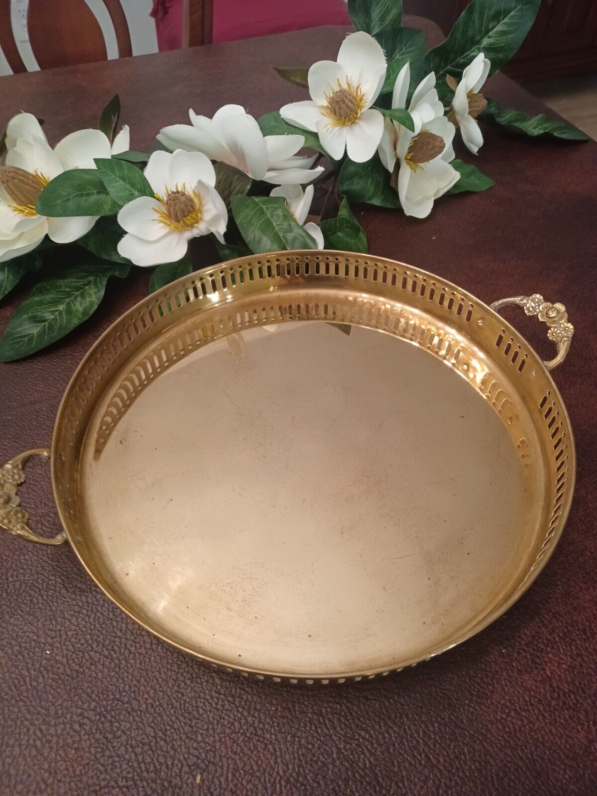 Vintage Round Brass Serving Tray Pierced Sides Floral Handles