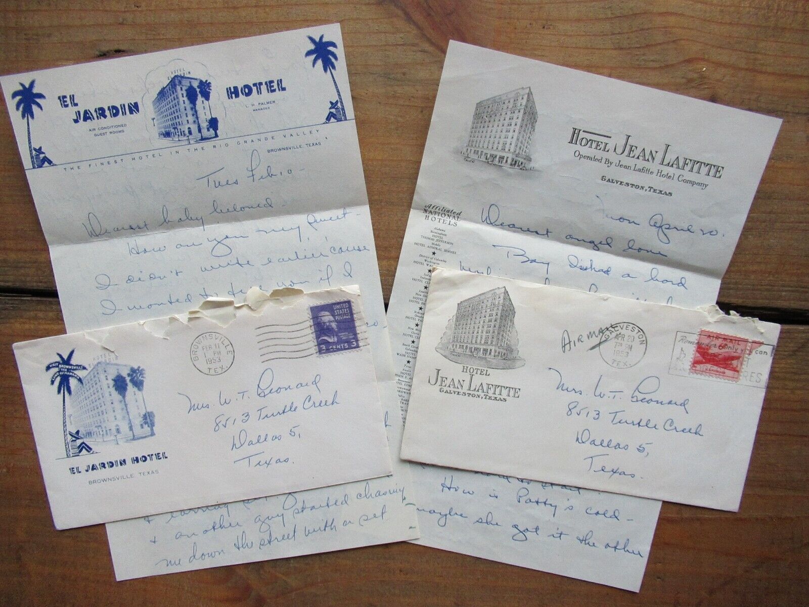 Vintage 1950s Letters Hotel Jean Lafitte and El Jardin Hotel Texas Letterhead