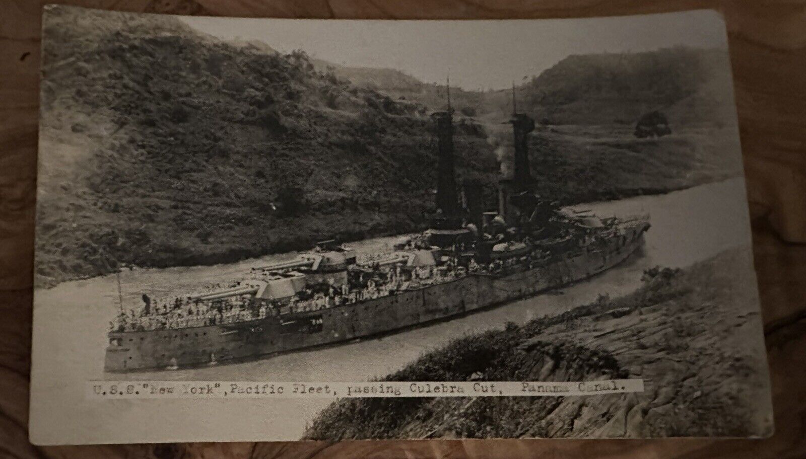 Antique Postcard U.S.S. “New York”, Pacific Fleet Passing Culebra Panama Canal