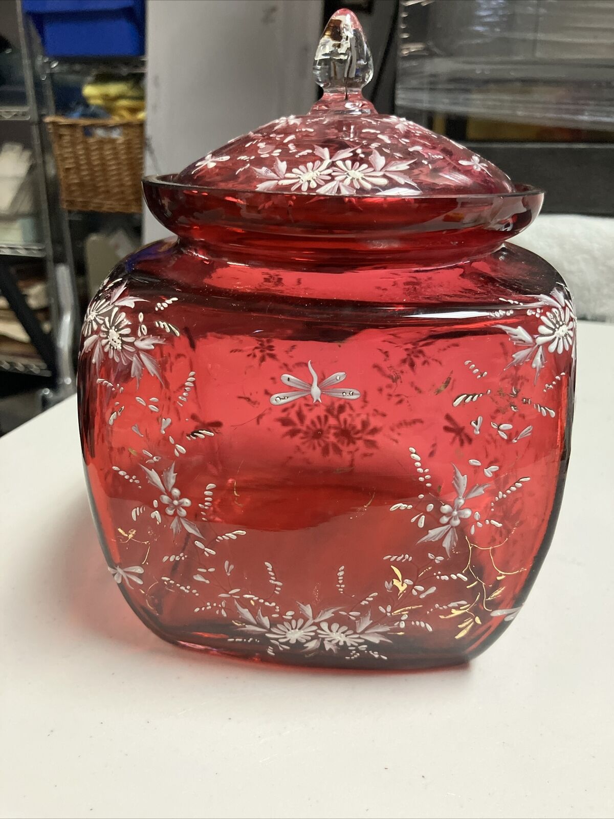 Fenton Cranberry Hand Painted Flower Art Glass Jar w/lid
