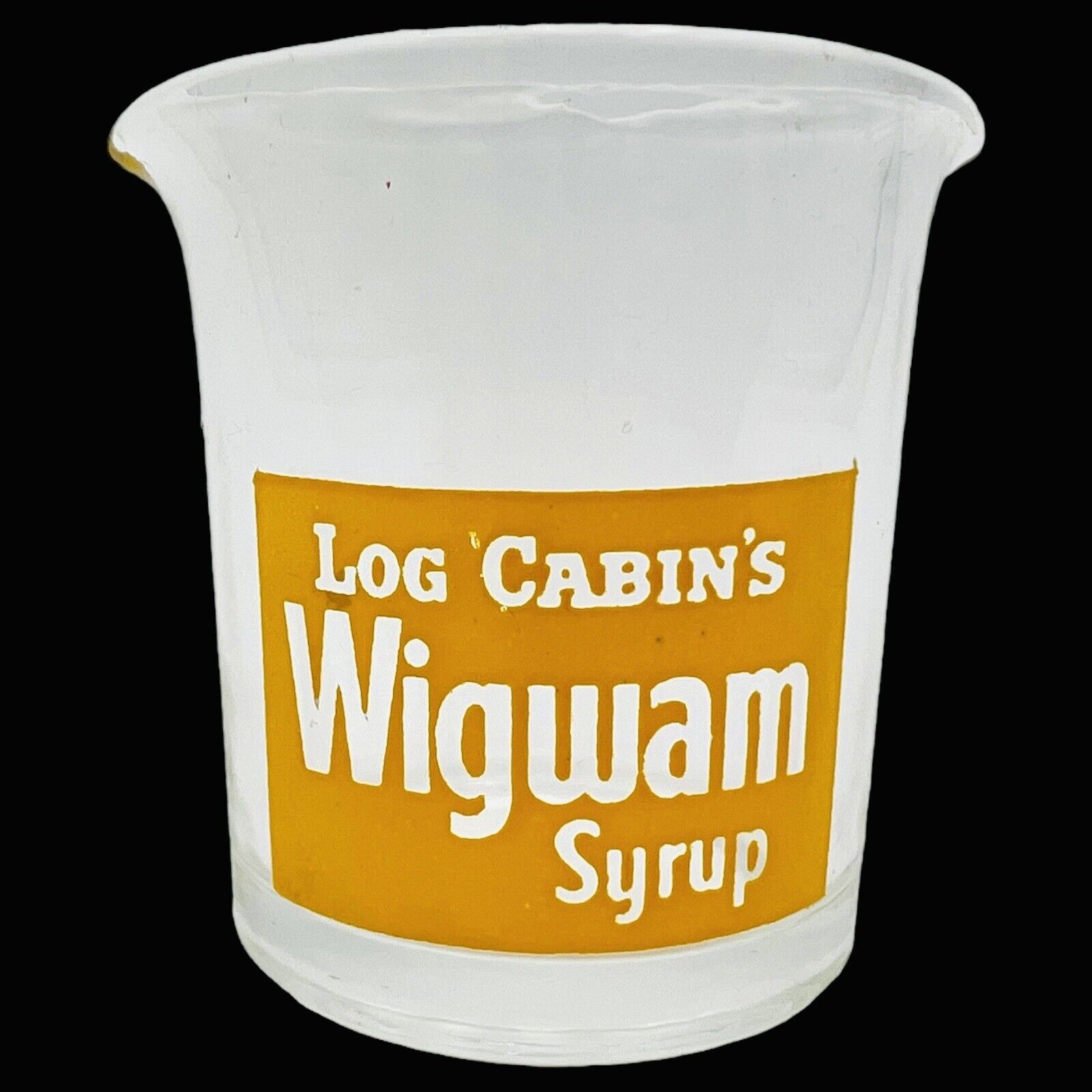 VTG 1940-50s Log Cabin’s Wigwam Syrup SERVER Cup Yellow Silkscreen Double Spout