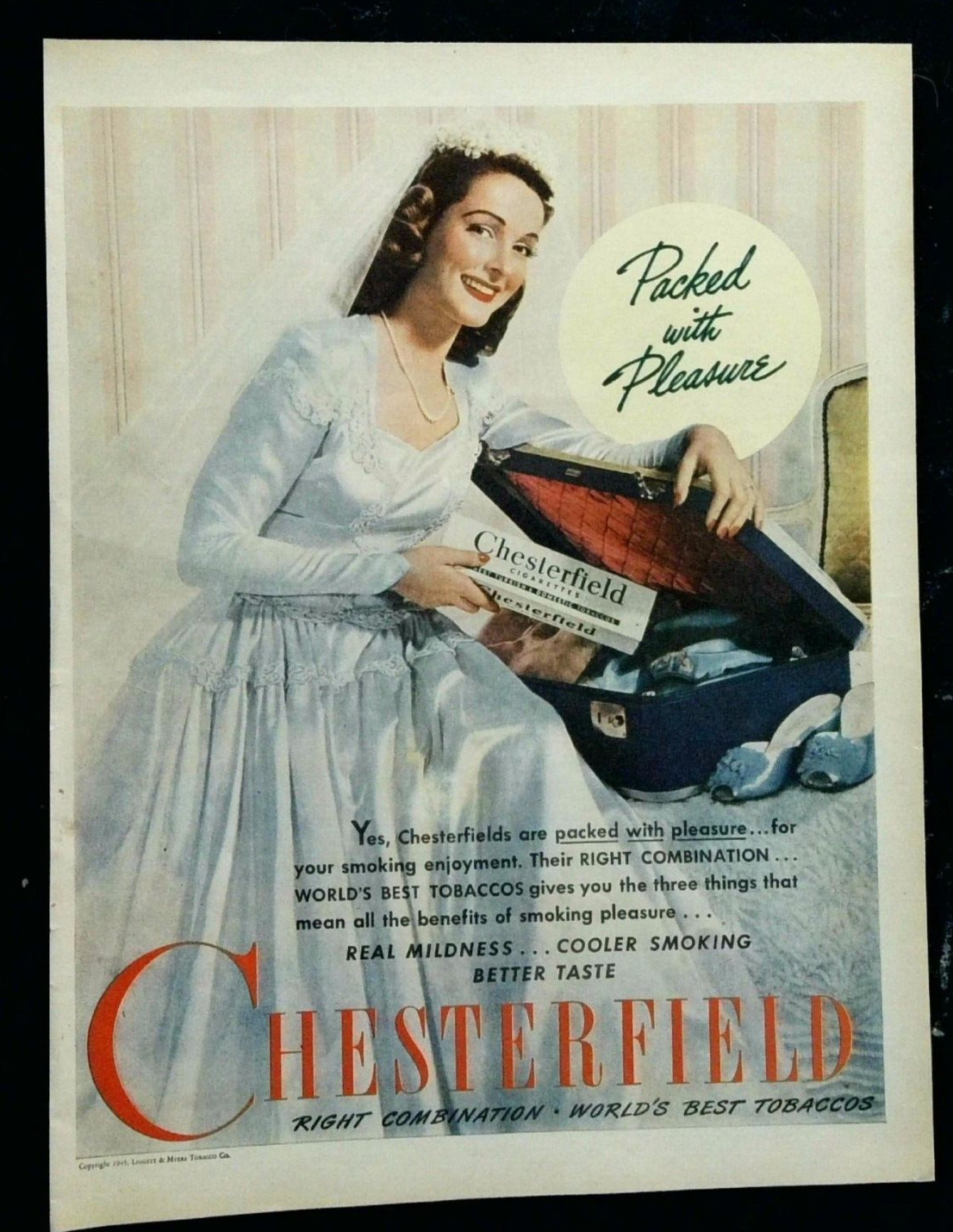 1945 Chesterfield Cigarette Vintage Print Ad Bride Packing Suitcase