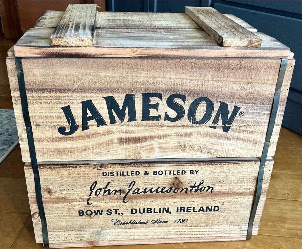 JAMESON IRISH WHISKEY RUSTIC WOOD BOX CRATE WITH LID AND HANDLES *NEW*