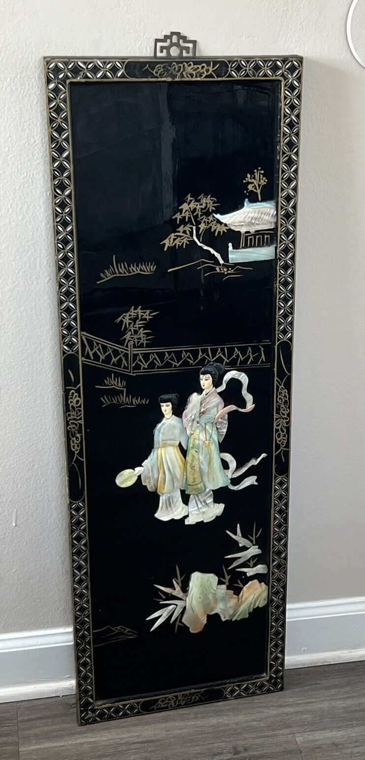 VINTAGE ASIAN BLACK LACQUERED GEISHA PANEL 12  X 36 WITH MOTHER OF PEARL 1 Piece