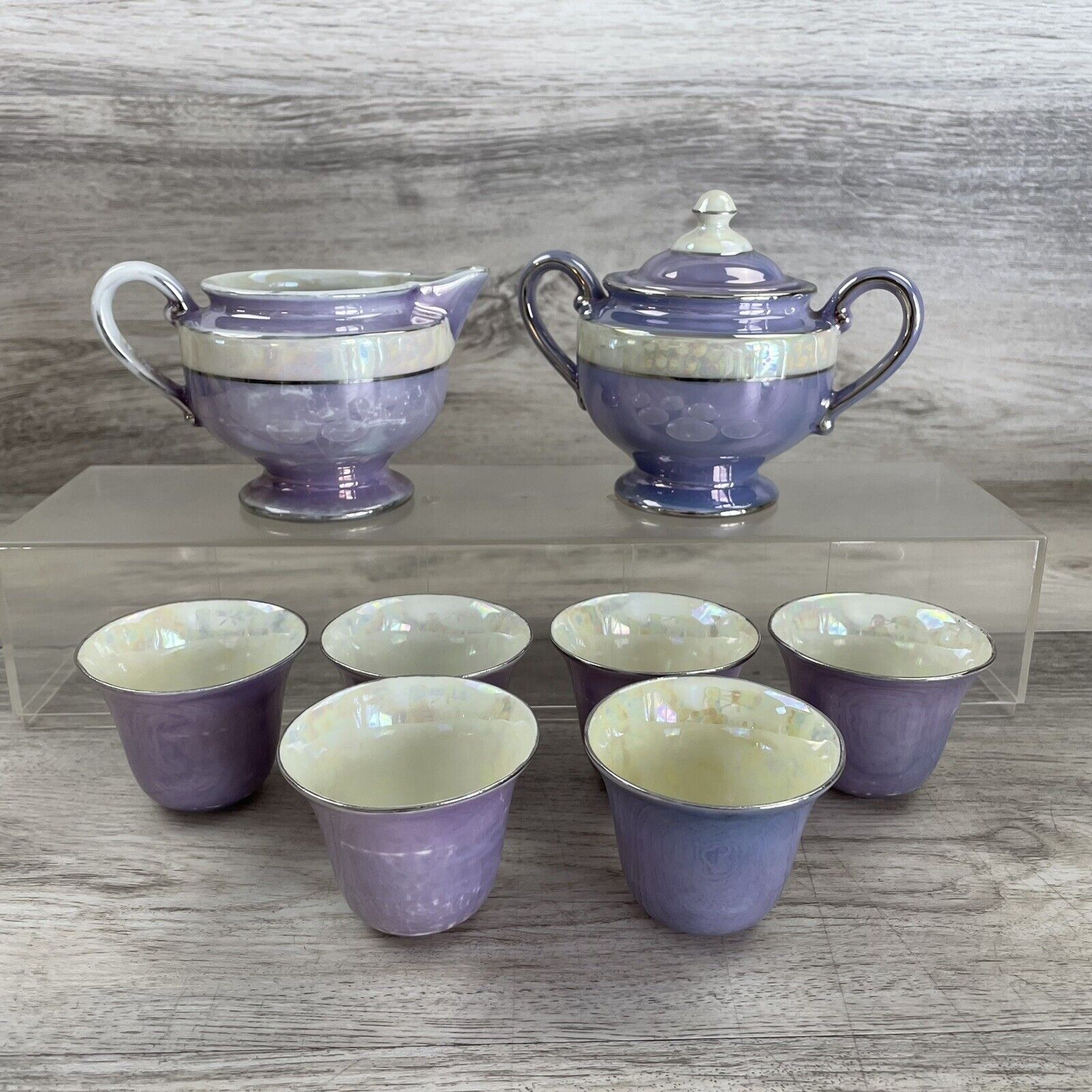 Vintage Fraunfelter Royal Rochester Tea Set Blue Enamel Cups Creamer Sugar