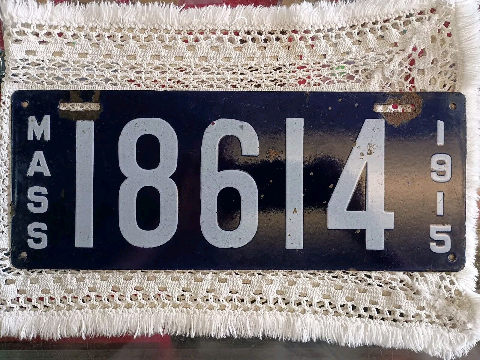 1915 Massachusetts Automobile Register Porcelain License Plate, As Found