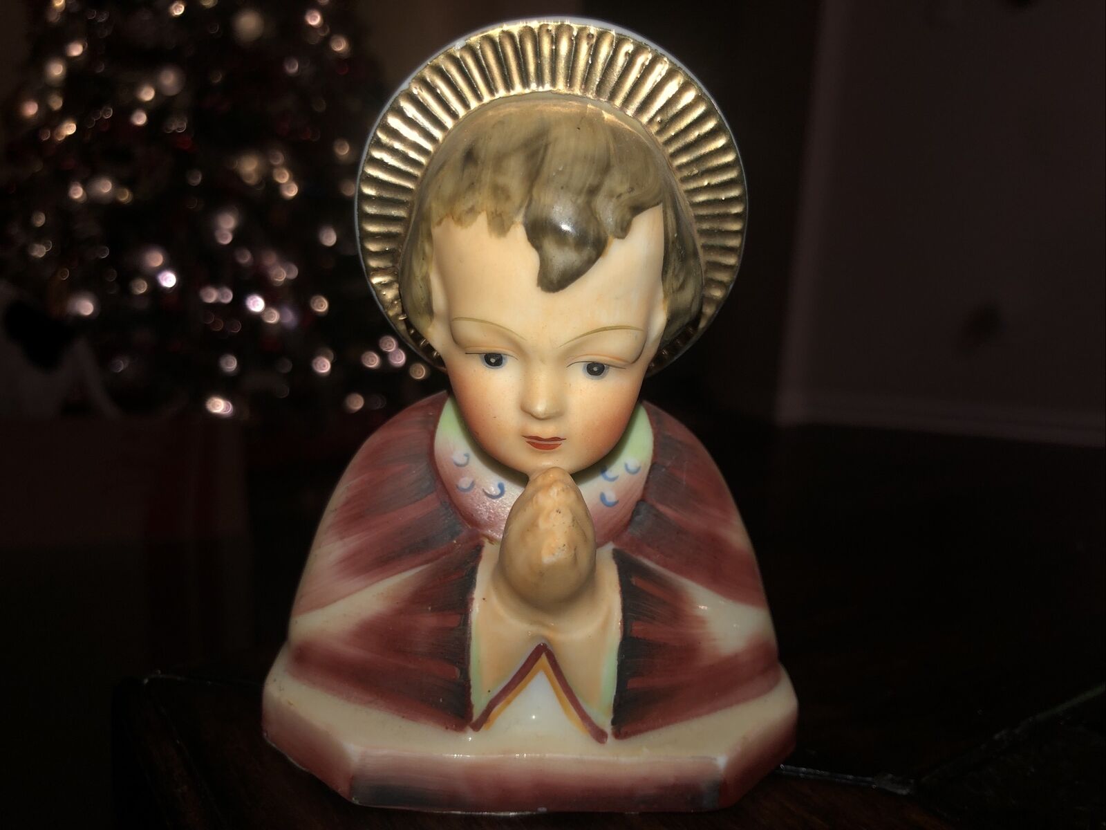 Antique San Myro Religious Porcelain Figurine Praying Saint W/ Gilt Halo 4