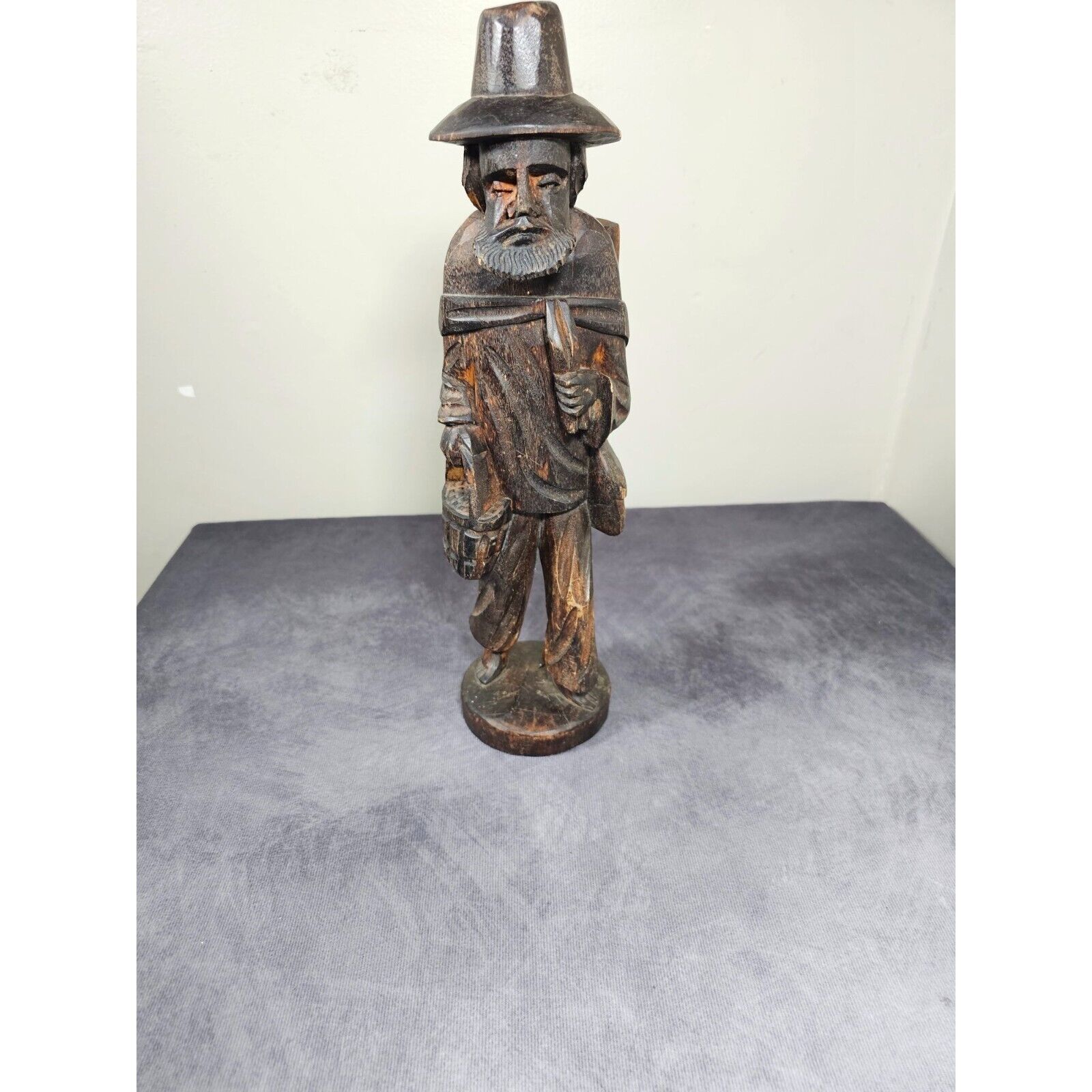Vintage Hand Carved Wooden Old Man with Bucket /Barefoot