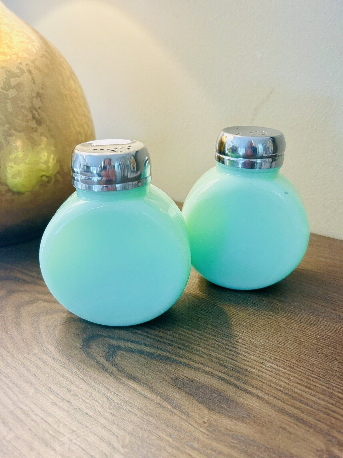 Vintage Green Jadeite Glass Round Ribbed Salt and Pepper Shakers