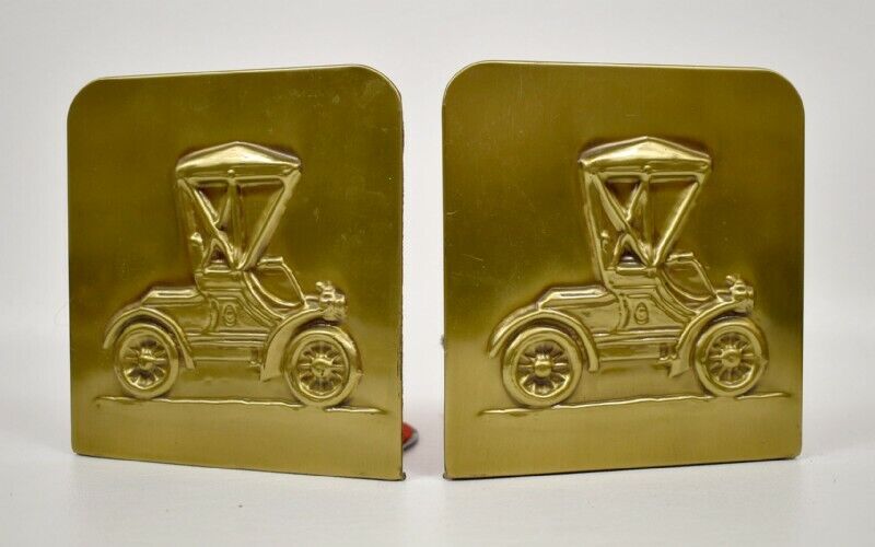 Antique 2-Tone Metal Bookends w/Gold-Tone Car Art