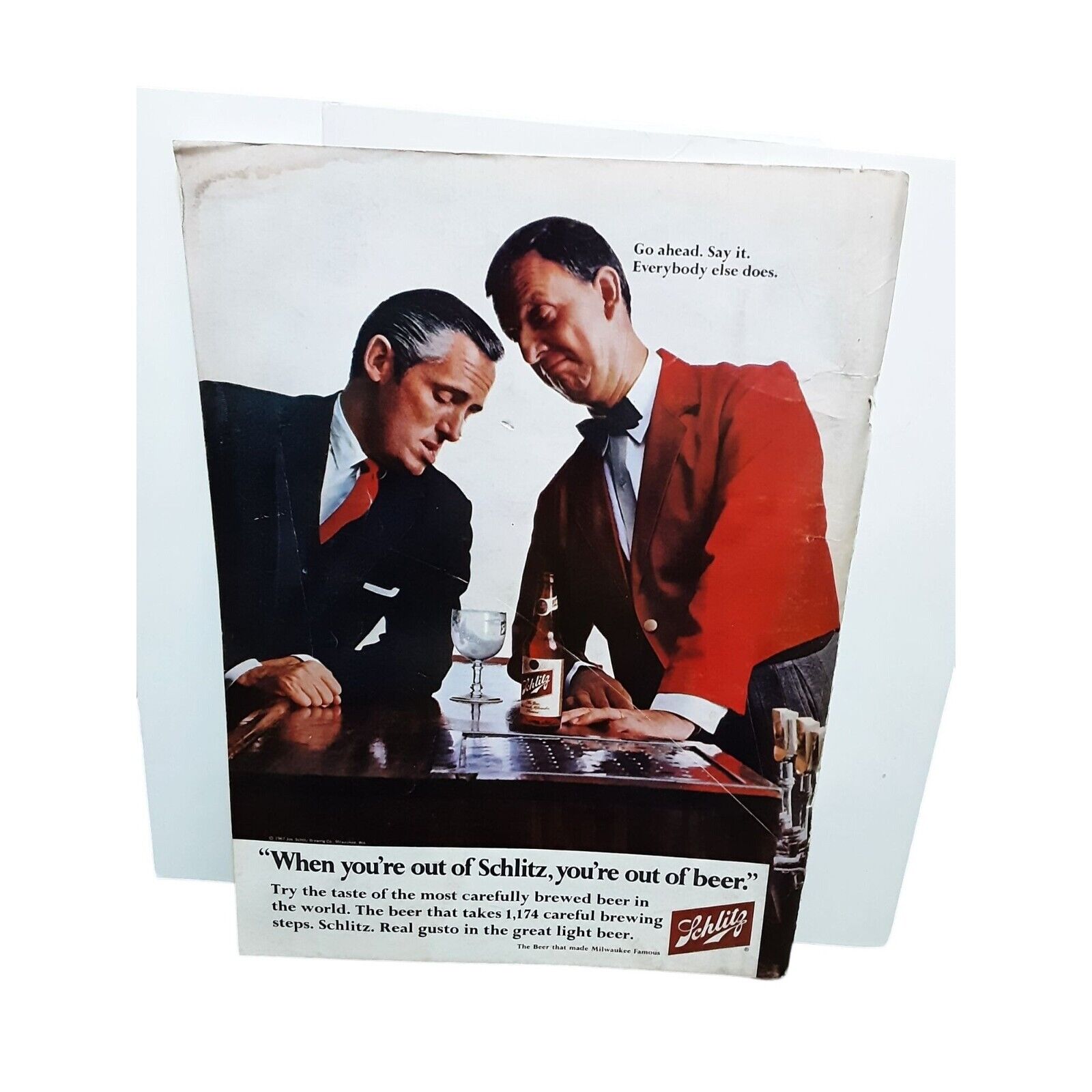 1967 Schlitz Beer Go Ahead Say It Vintage Print Ad 60s Original
