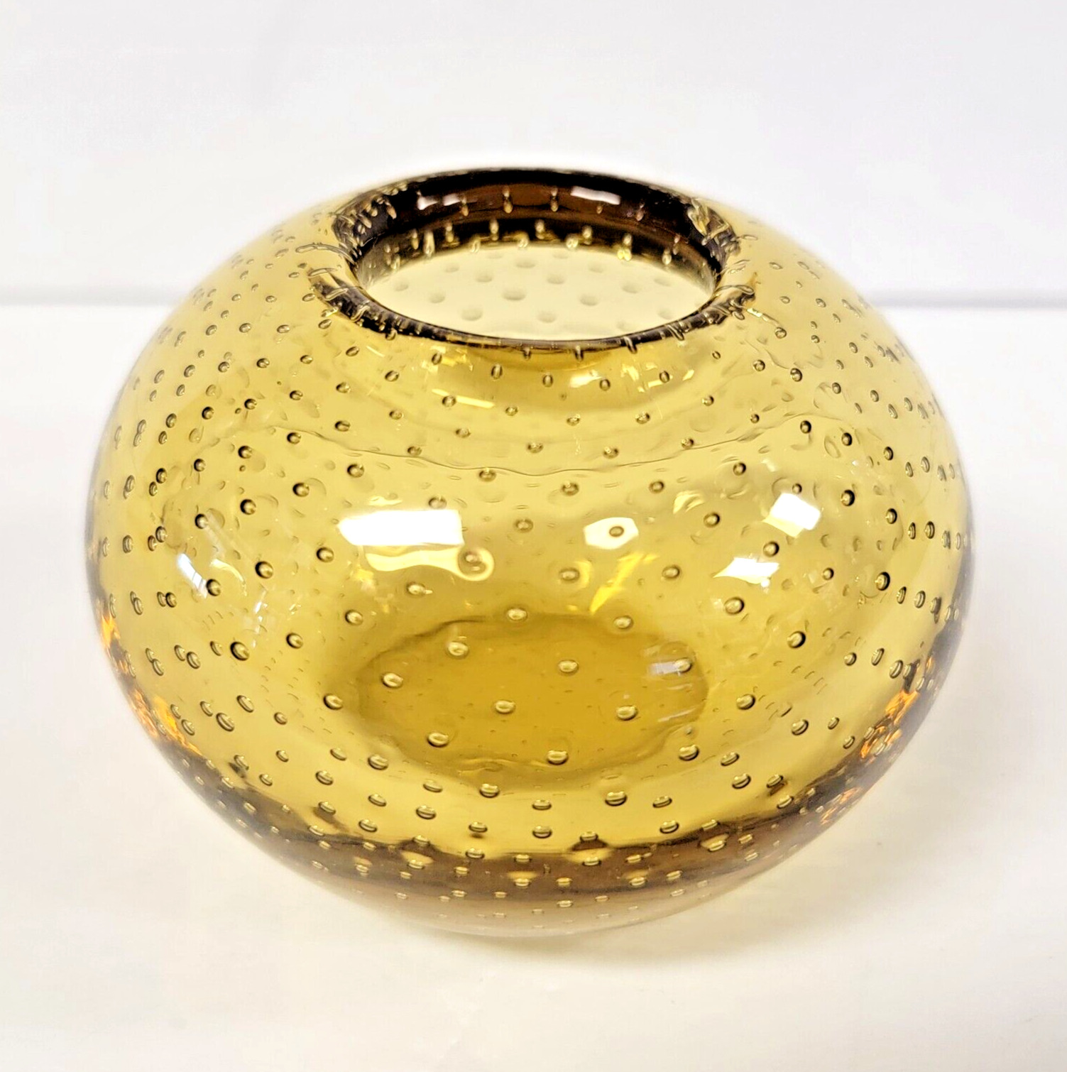 VTG Controlled Bubble Globe Ball Vase Blown Art Glass Amber Yellow MCM 3.5 Inch