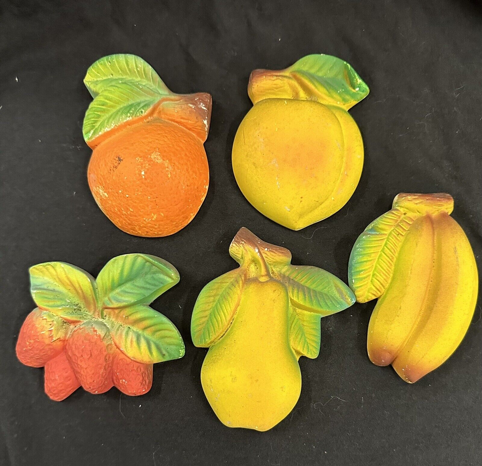 5 Vintage Chalkware Fruit Wall Plaques  With Hangers~Mid Century Kitchen Decor