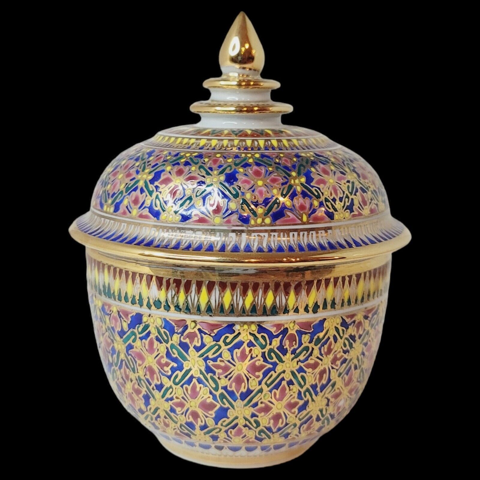 Vintage Benjarong Thai Bowl With Lid Gold Gild Jar Hand Painted Cobalt Pink