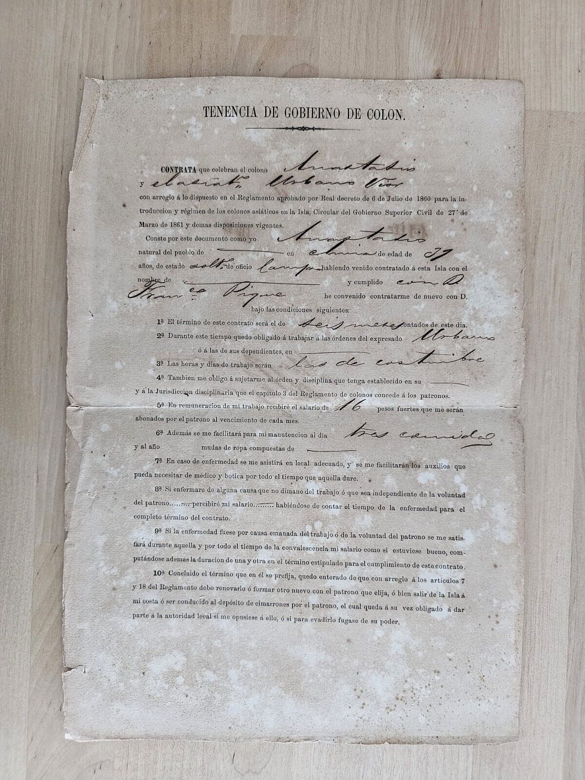 ANTIQUE 1867 CHINA CHINESE SLAVES COLON MATANZAS CUBA CONTRACT DOCUMENT SIGNED