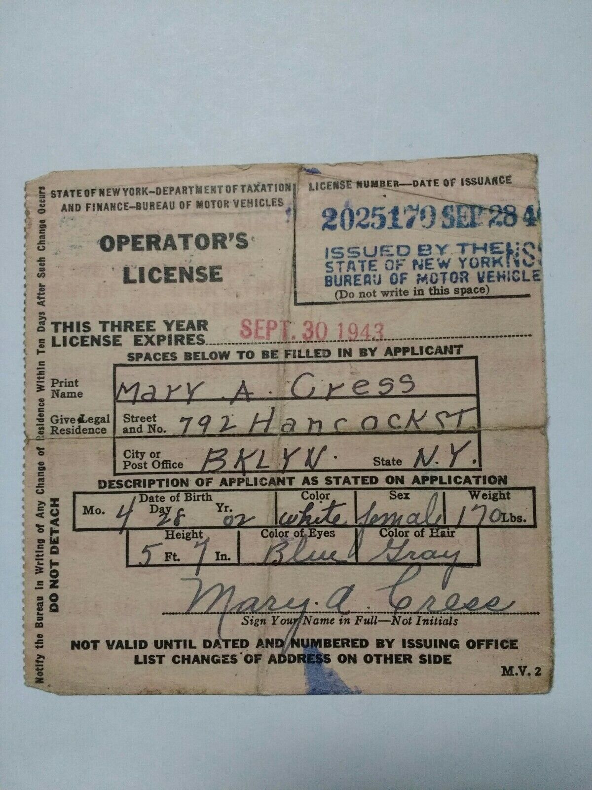 Vintage 1940-1943 New York State Operators Drivers License Brooklyn NYC DMV