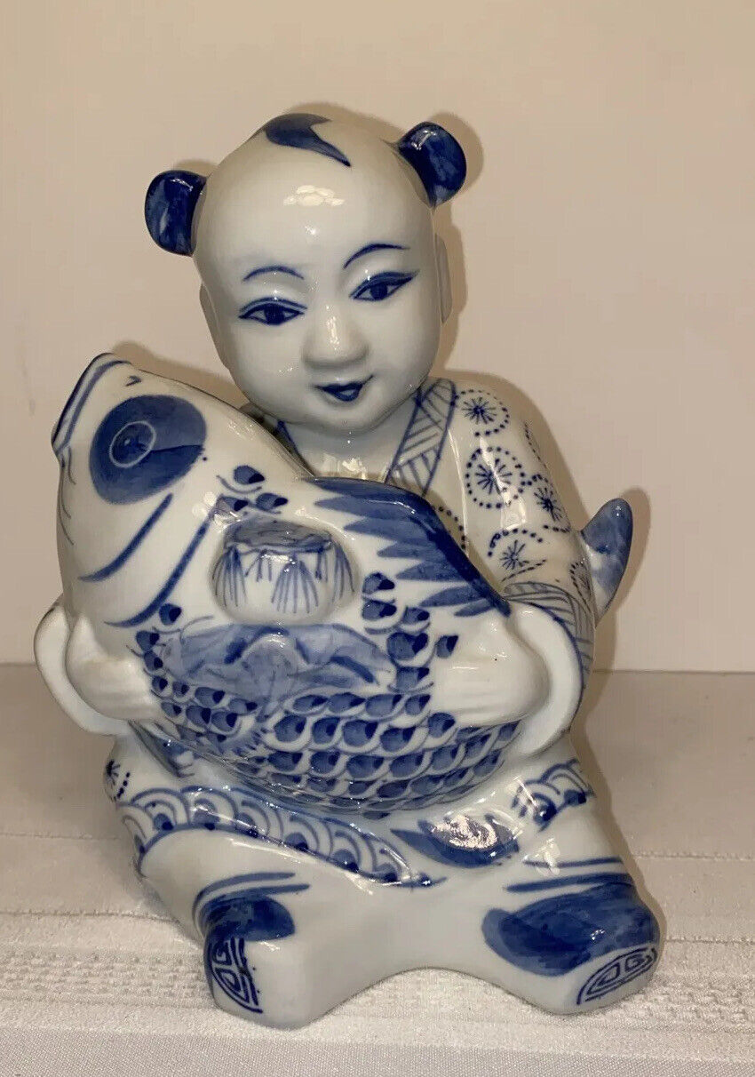 Vintage Asian Oriental Blue White Budda Boy w Koi Porcelain Figurine