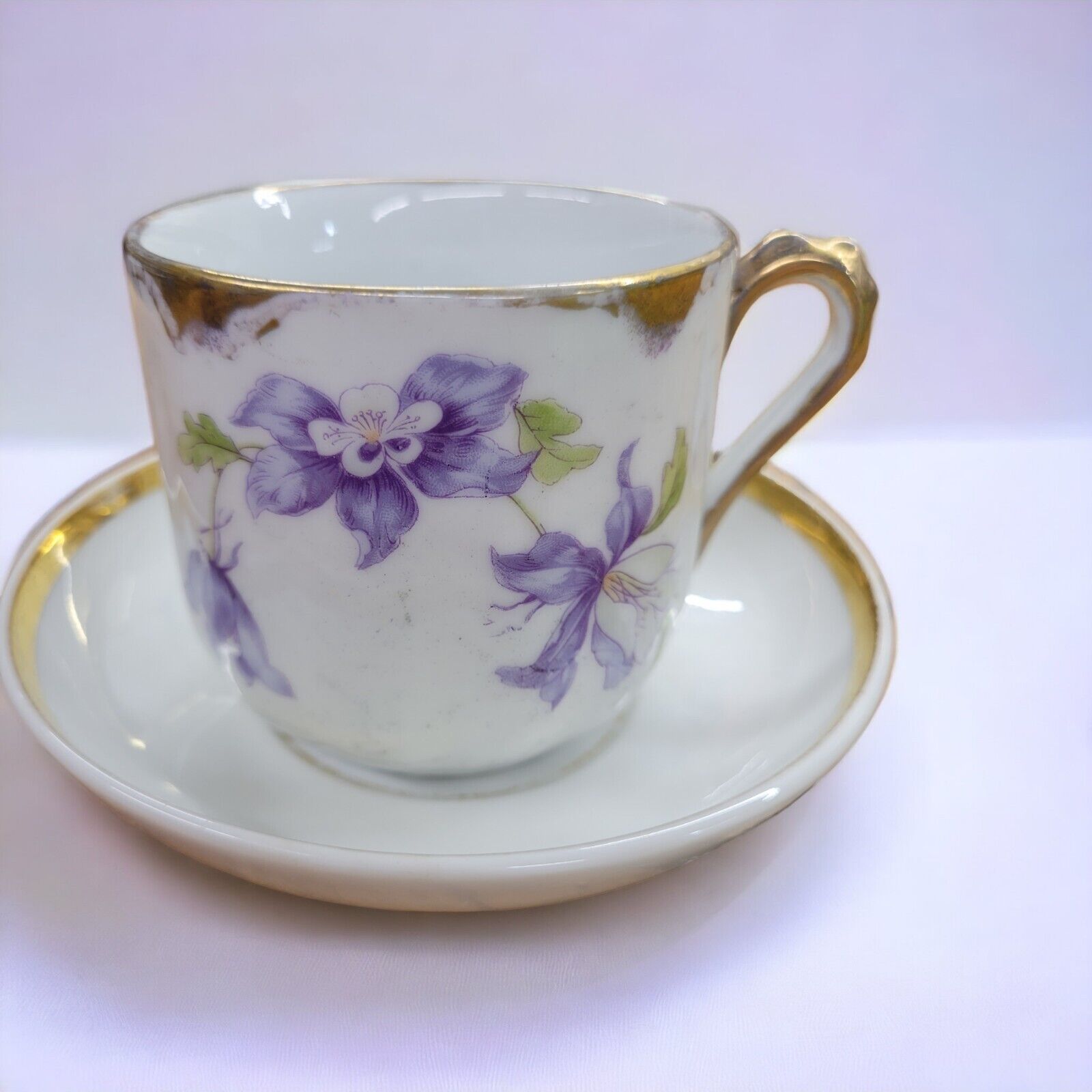 Antique Purple Floral & Gold Tea Cup and Saucer Hand Painted Made in Bavaria DE