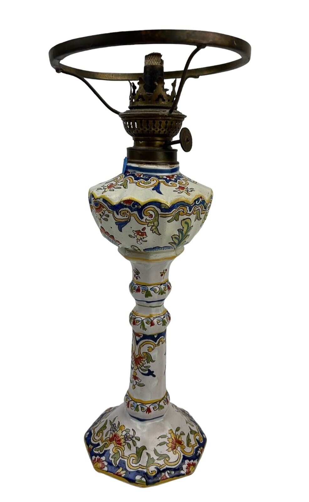 VINTAGE ROUEN FRENCH FAIENCE POTTERY FLORAL OIL DESK LAMP