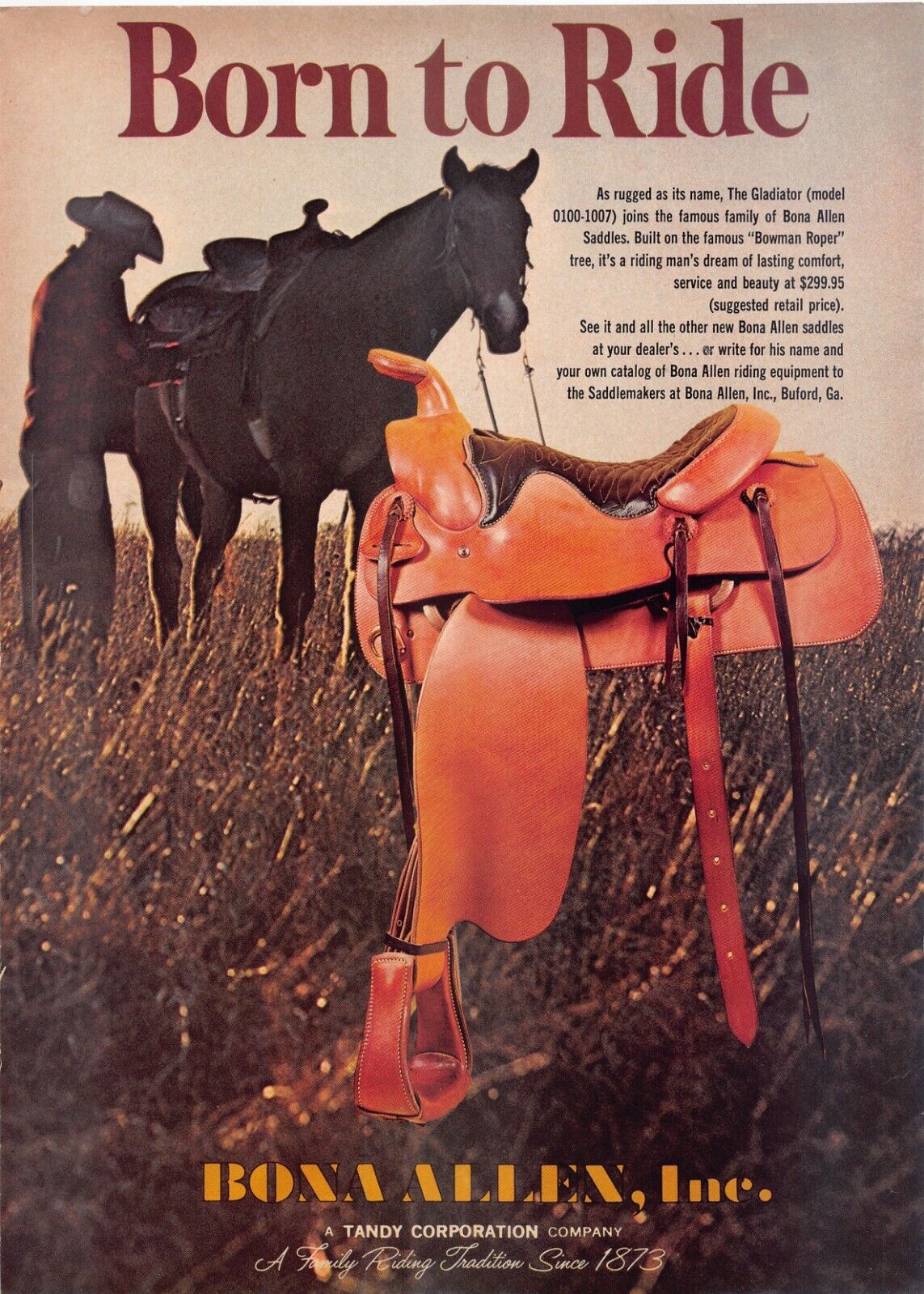 Bona Allen Gladiator Model Western Cowboy Horse Saddle Vintage Magazine Print Ad