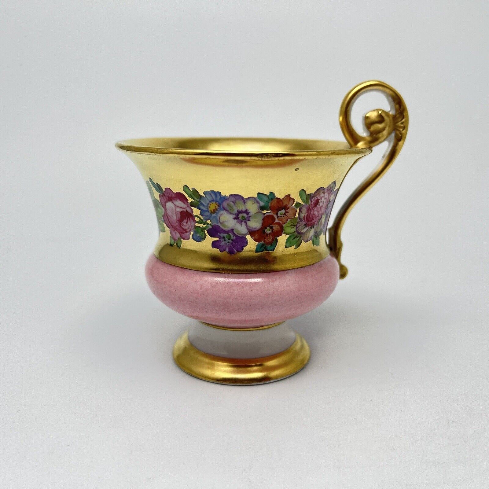 Guilded Floral Footed Cup Pink Porcelain Empire Handle
