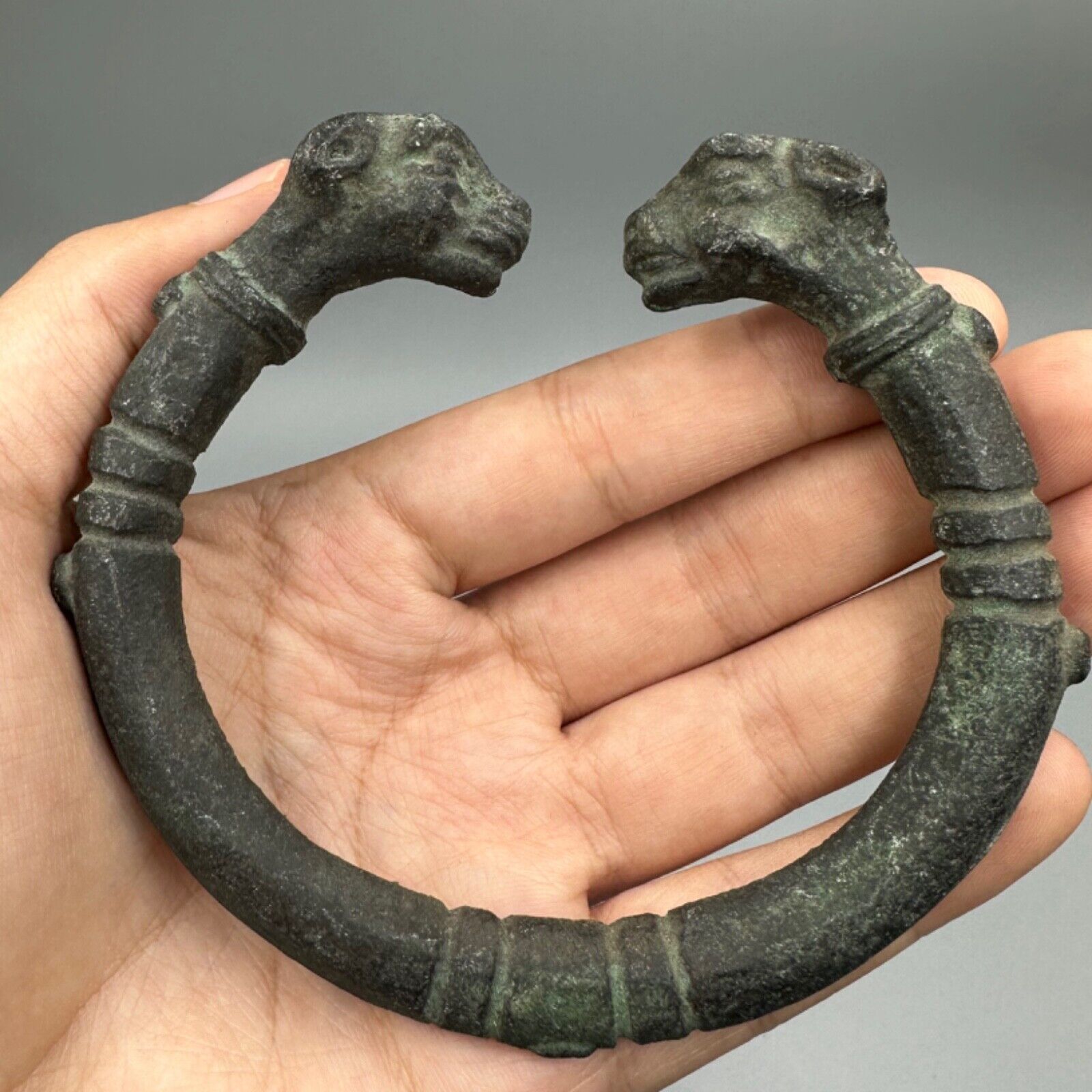 Very Unique Ancient Roman Bronze Large Bangle With Panther Heads