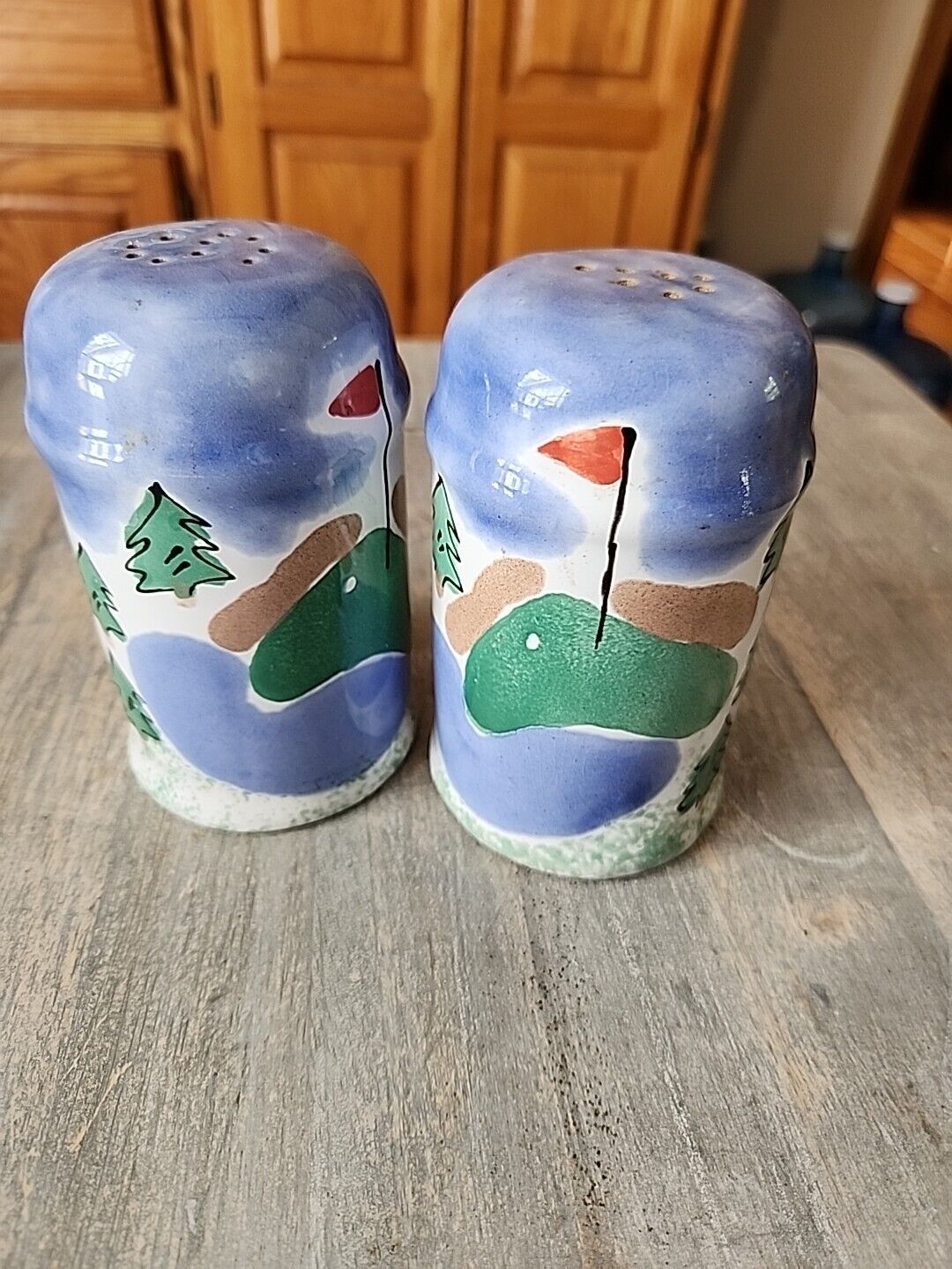 Golf Course Scene Ceramic Salt/Pepper Shakers, Handpainted
