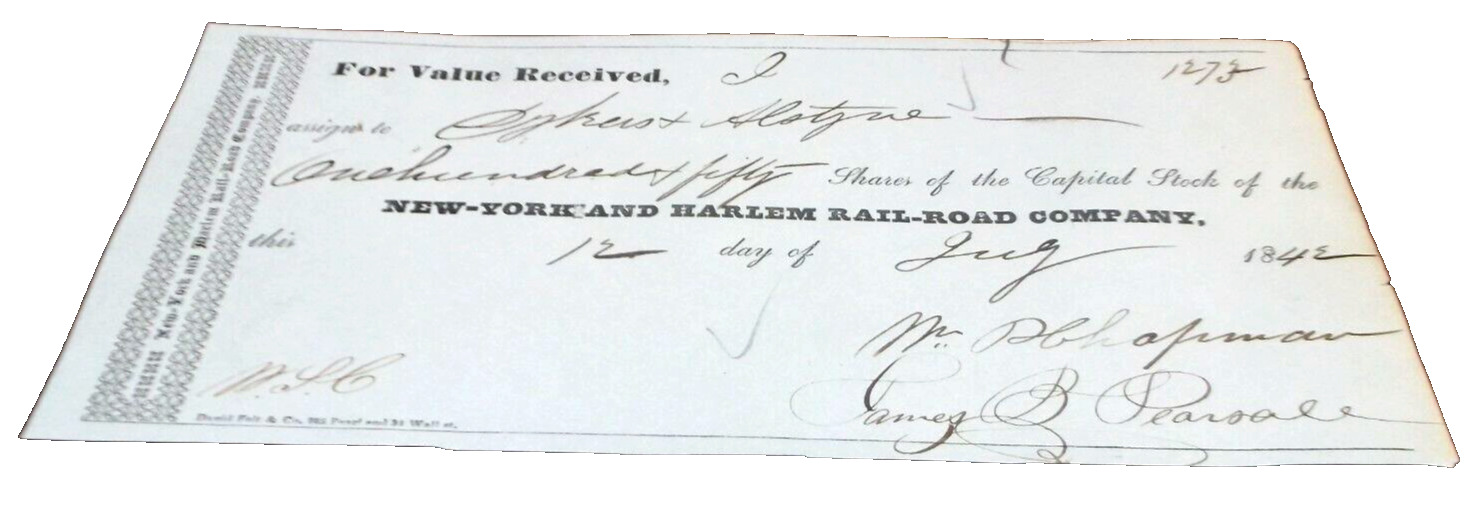 JULY 1842 NEW YORK AND HARLEM RAIL ROAD NYC STOCK PURCHASE RECEIPT