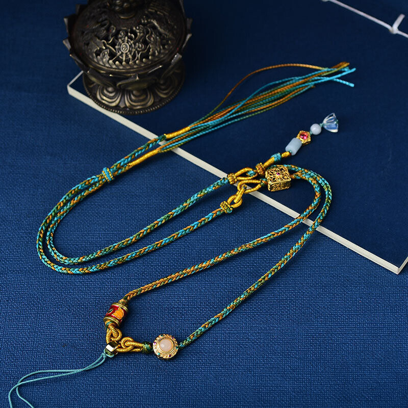 Tibetan Handmade Fine Woven Tangka Honey Wax Pendant Necklace with Rope Lotus