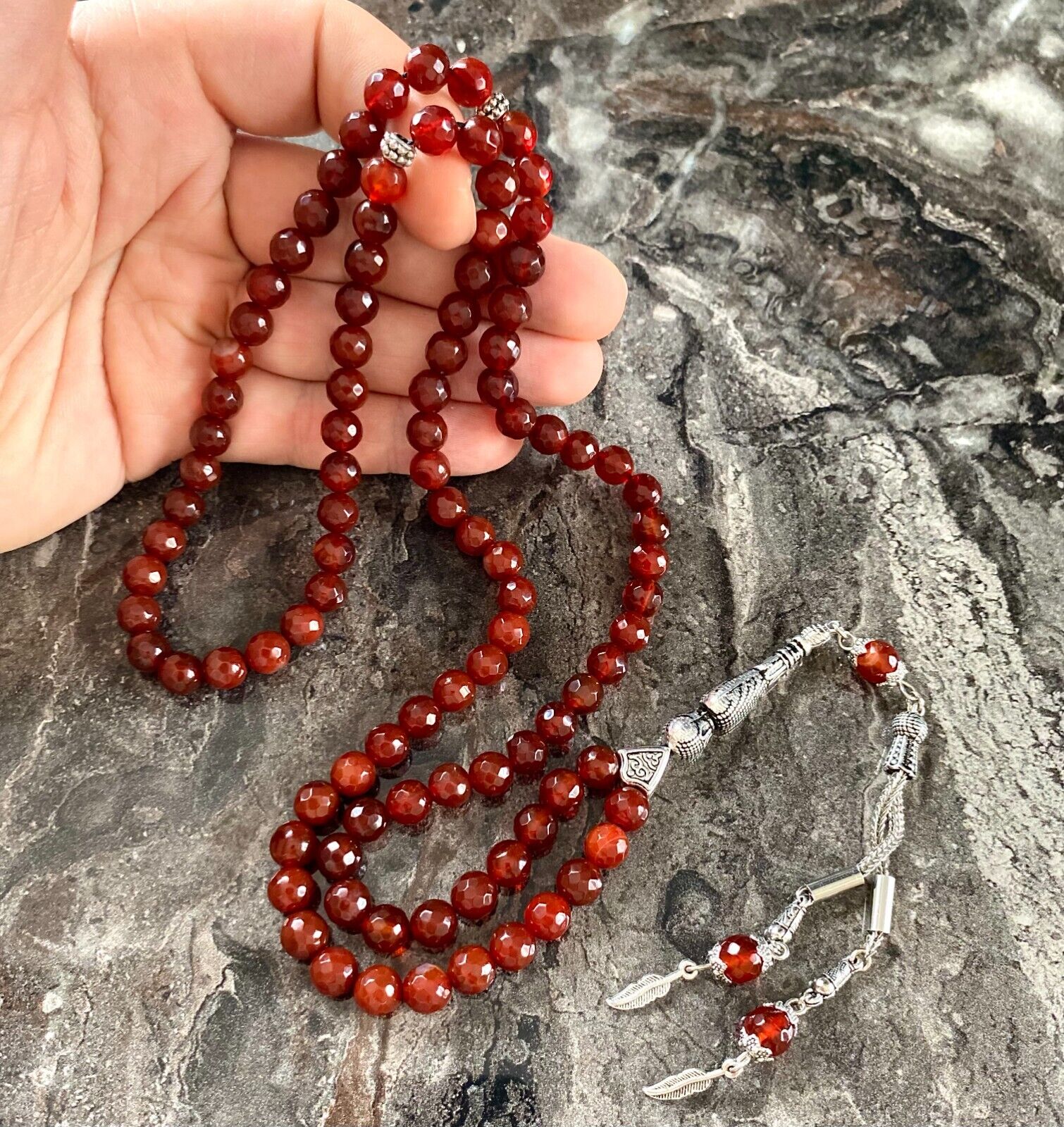 REAL Red Agate Aqeeq Stone Islamic Prayer 99 beads, Tasbih, Misbaha, Tasbeeh 8mm
