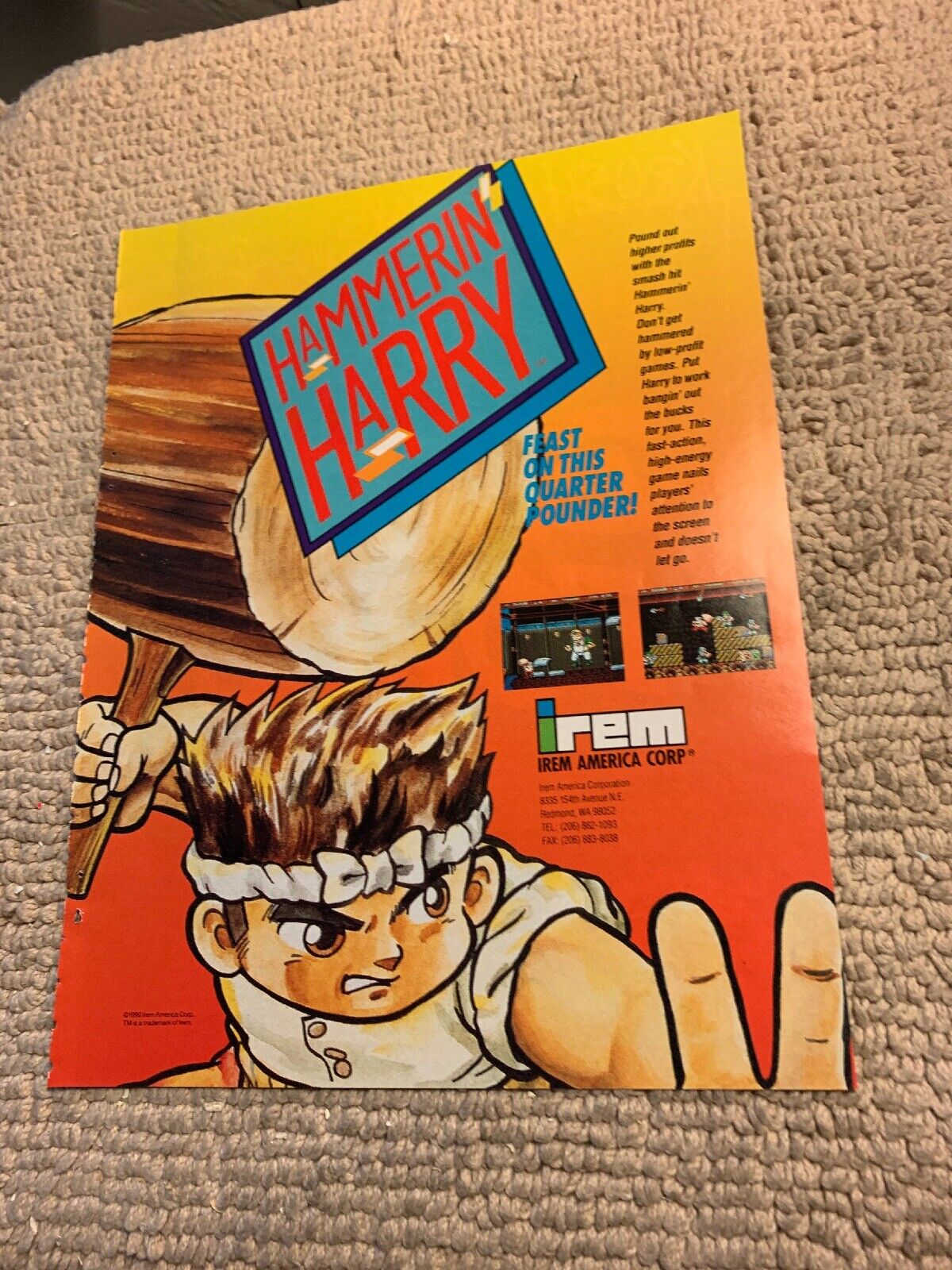 original 1990 ad 11-8 1/4” Hammering Harry Hammerin Irem Arcade Video GAME FLYER