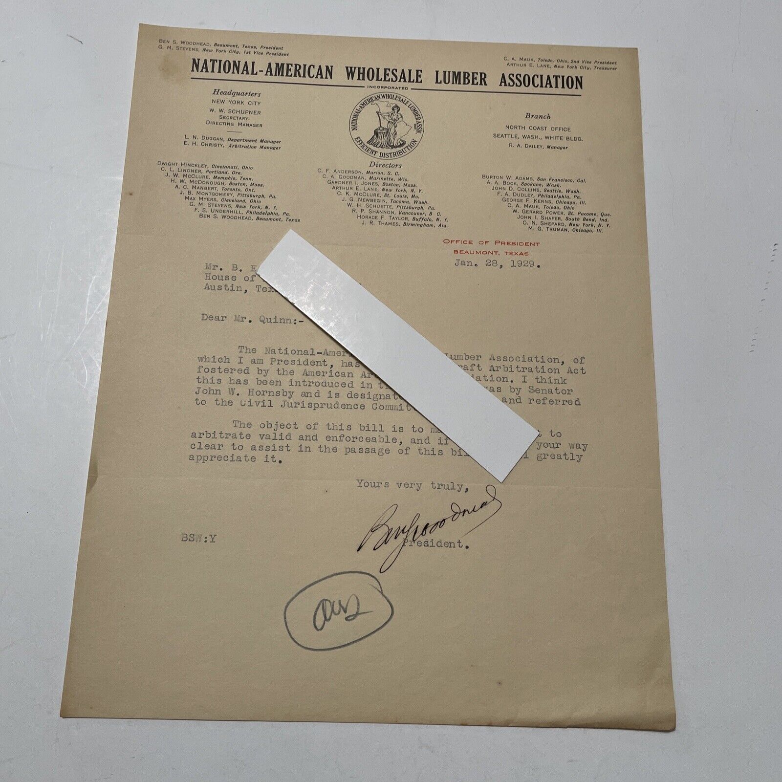National American Wholesale Lumber Association Letter 1929 signed Ben Woodhead 
