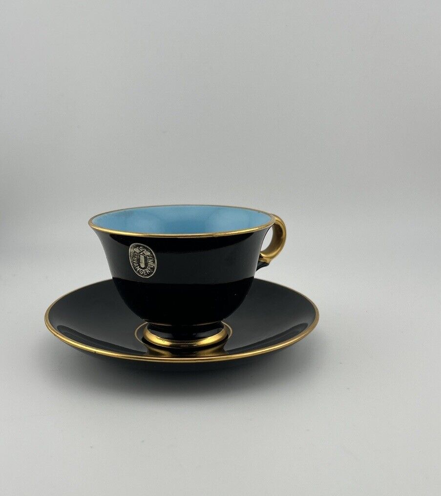 Vintage StavangerFlint Norway Tea Cup Saucer Gold Trim Black & Blue