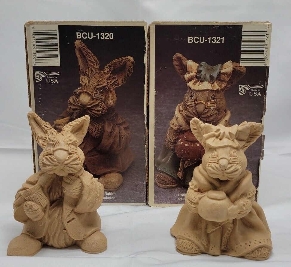 Vintage-2 Bunny Rabbit Figurine Pecan Shell Resin Marked TT 87
