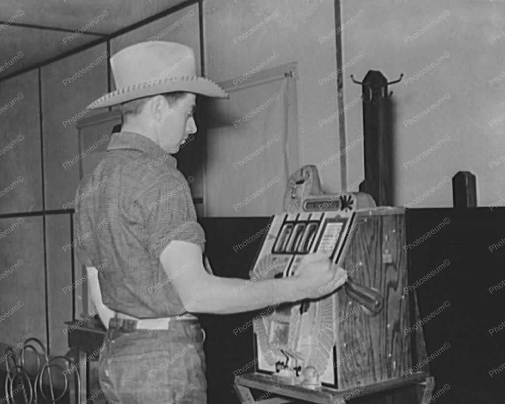 Cowboy Playing Mills War Eagle Slot Machine Professional Photo Lab Reprint